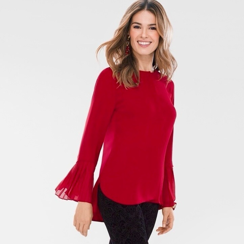Chico’s Fluted Sleeve V Neck Blouse Pleated Bell Sleeve Cuffs in red sz Small